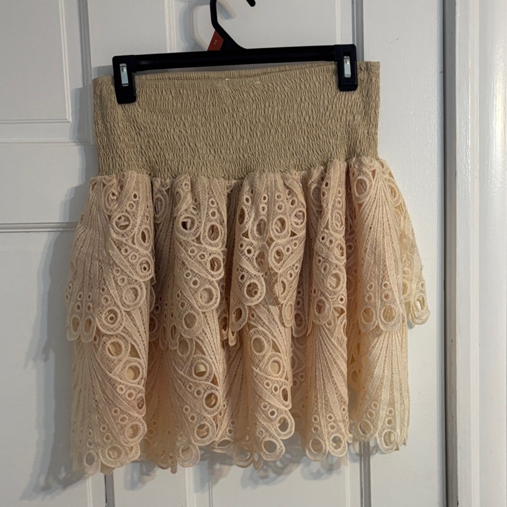 Cream Lace Tiered Mini Skirt with Smocked Waist